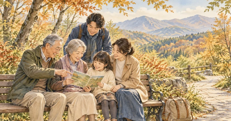 サンバレー那須の部屋選びを相談する三世代家族のイラスト