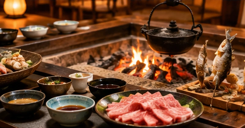 平の高房の囲炉裏料理と夕食の特徴を紹介する囲炉裏会席のイメージ