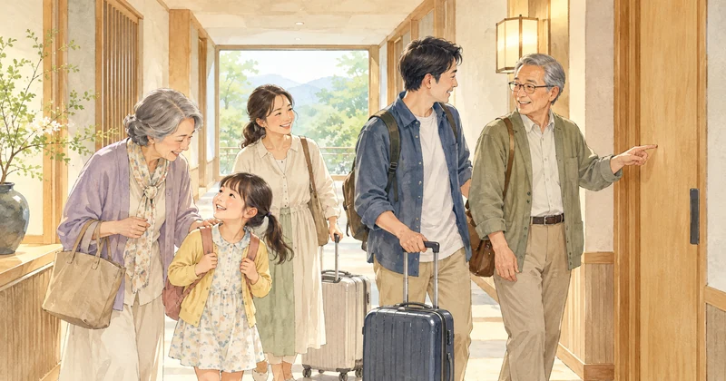 taoya-nasushiobara-family-senior-room-part3.webp	温泉宿の廊下で部屋を確認する三世代家族のイメージイラスト