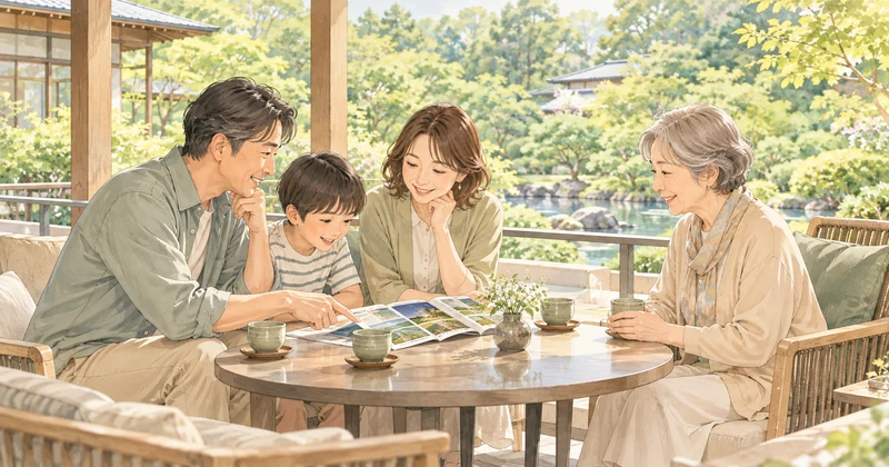 庭園を望むテラスで旅行の過ごし方を相談する三世代家族のイラスト