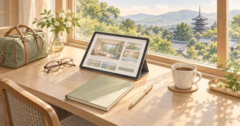 窓辺の机でタブレットと旅ノートを使って宿泊条件を確認するイラスト
