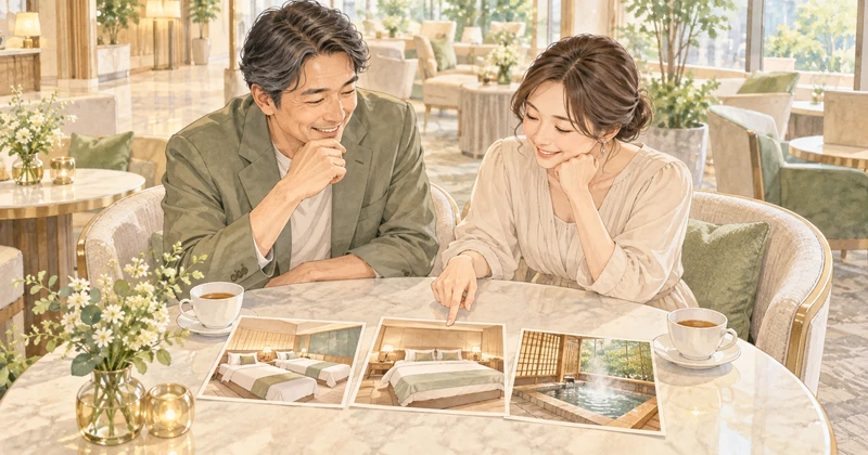 ツイン・キング・温泉浴室のカードを見ながら部屋を選ぶ夫婦のイラスト