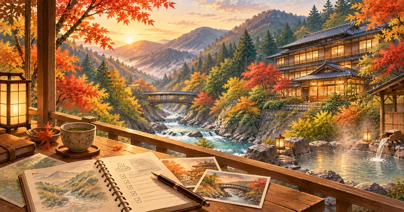 湯西川温泉 山城屋の宿泊予約と料金の確認ポイントを紹介する秋の温泉郷イラスト