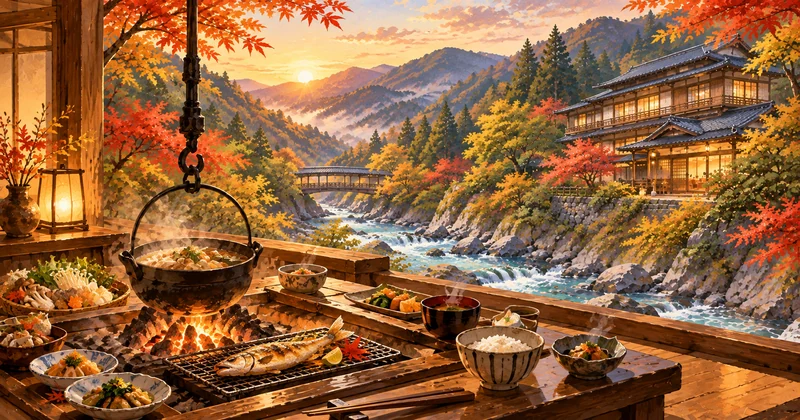 湯西川温泉 山城屋の囲炉裏料理と渓流沿いの紅葉風景を描いたイラスト