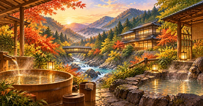 湯西川温泉 山城屋の無料貸切露天風呂と山あいの温泉宿を描いた風景イラスト