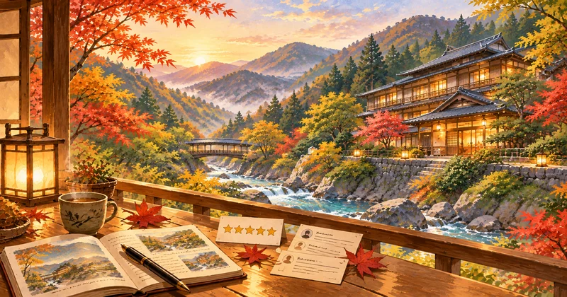 湯西川温泉 山城屋の口コミと評判を紹介する秋の温泉郷の風景イラスト