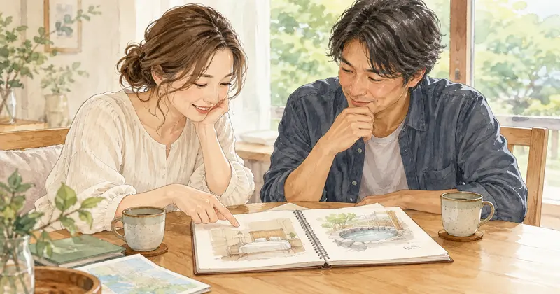 温泉宿の寝具とお風呂の希望を相談する夫婦のイラスト