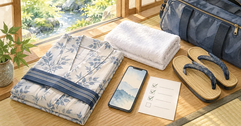 湯守田中屋の温泉利用と予約前確認を表す浴衣と旅行用品のイメージ