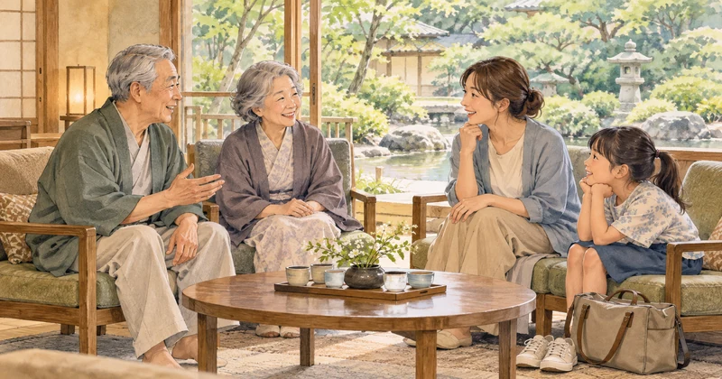 湯守田中屋で無理のない温泉旅行を相談する三世代家族のイメージ