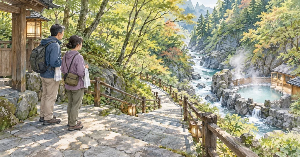 湯守田中屋の野天風呂へ向かう階段を検討する夫婦のイメージ