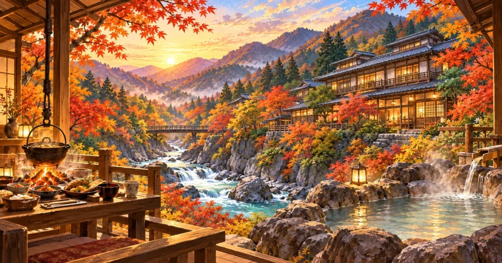 湯西川温泉 山城屋の口コミ・囲炉裏料理・貸切露天風呂を紹介する紅葉と渓流の風景イラスト