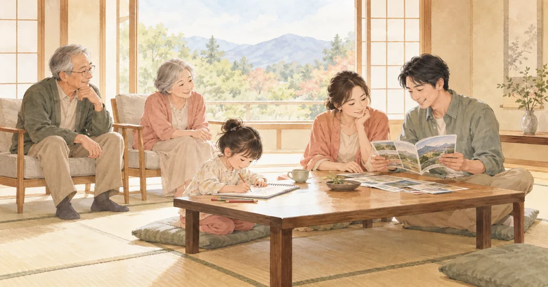 ゆとりろ那須塩原の家族向けの部屋選びを考える三世代のイメージ