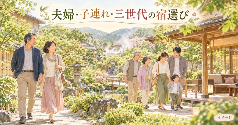 温泉旅館の庭園を歩く夫婦と三世代家族のイラスト