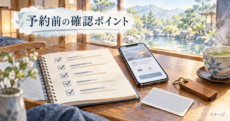 宿泊予約の確認用ノートとスマートフォンを並べたイラスト