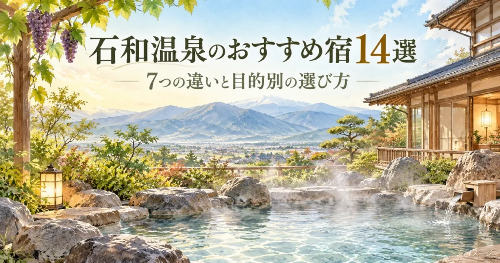 石和温泉のおすすめ宿比較をイメージした露天風呂と旅館のイラスト