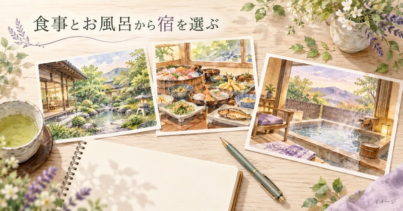 庭園・食事・客室風呂のカードを並べた石和温泉の宿選びイメージ