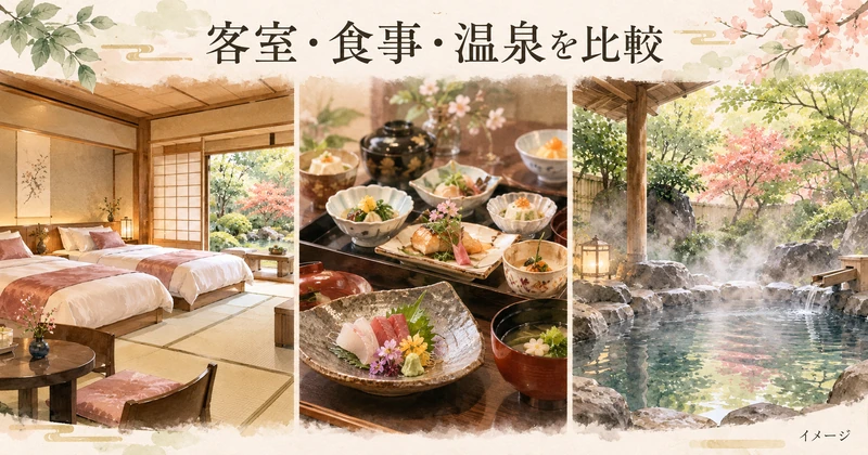 和洋室・会席料理・露天風呂で宿の違いを表したイラスト