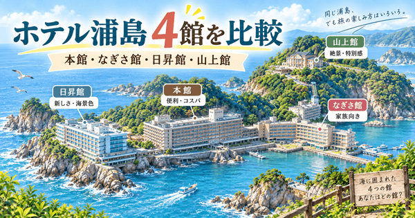 ホテル浦島の本館・なぎさ館・日昇館・山上館を比較