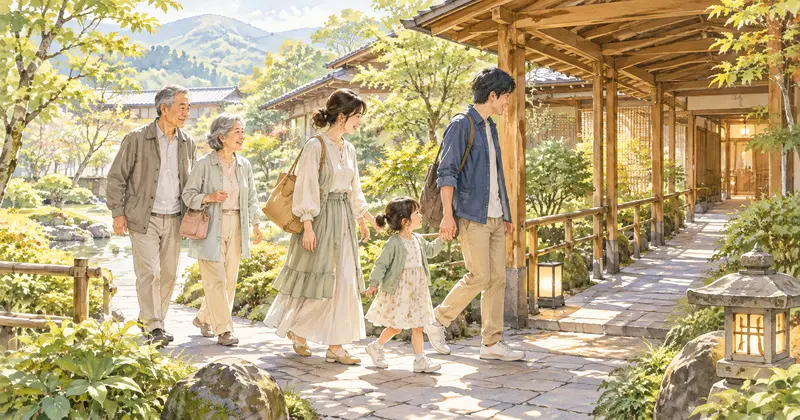 温泉宿の庭の小道を歩く祖父母と親子の三世代旅行のイラスト
