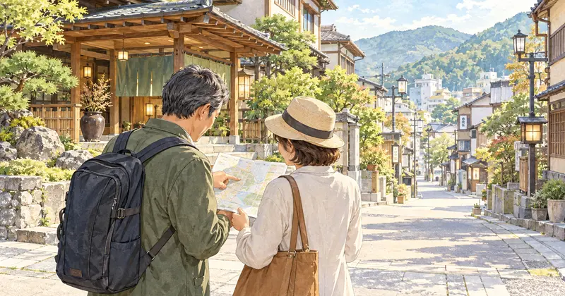 昼の温泉街で地図を見ながら街歩きの予定を相談する夫婦のイラスト