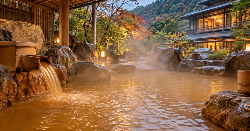 有馬温泉の金泉をイメージした茶褐色のお湯が広がる岩造りの露天風呂