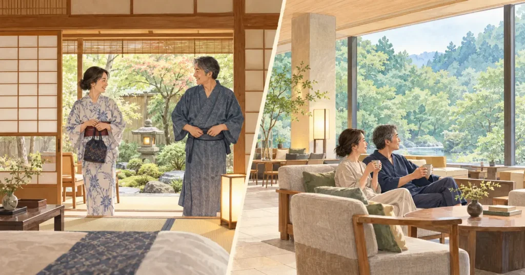 西村屋本館と招月庭の滞在スタイルを比べるイメージ