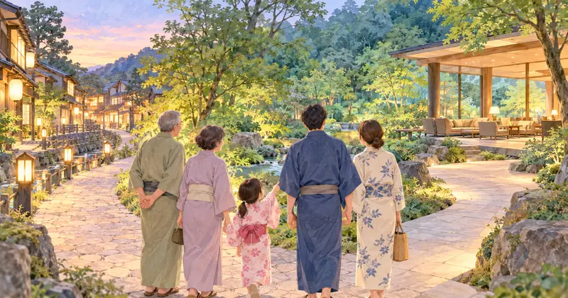 三世代旅行で温泉街散策と館内滞在を選ぶイメージ