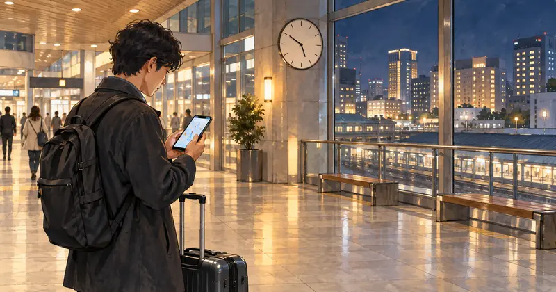 夜の駅でスマートフォンを使って宿泊先を探す旅行者のイメージ