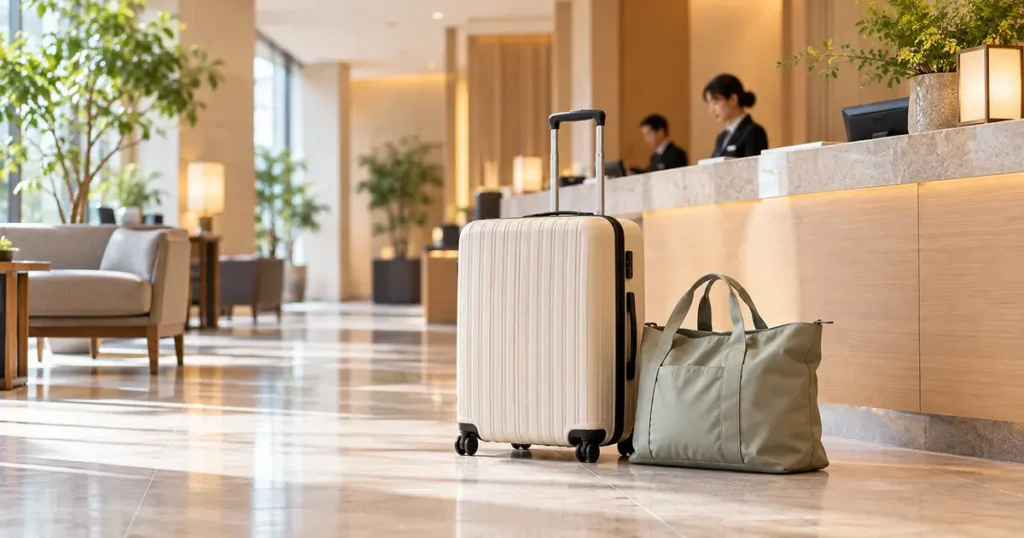 ホテルの受付前に置かれたスーツケースと旅行バッグのイメージ