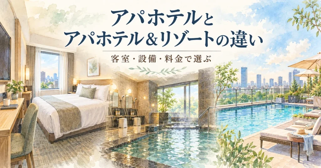 アパホテルとアパホテル＆リゾートの客室・館内設備を比較するイメージ