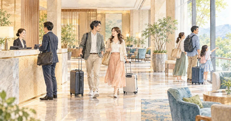 出張・夫婦旅行・子連れ旅行に合わせてホテルを選ぶイメージ