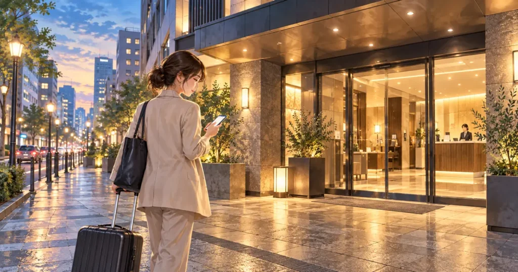 apa-hotel-same-day-walk-in-eyecatch.webp 当日宿泊に向けてホテル前でスマートフォンを確認する旅行者のイメージ