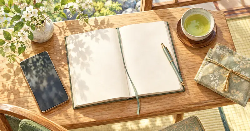旅の予約確認をイメージしたノートとスマートフォン、お茶のイラスト