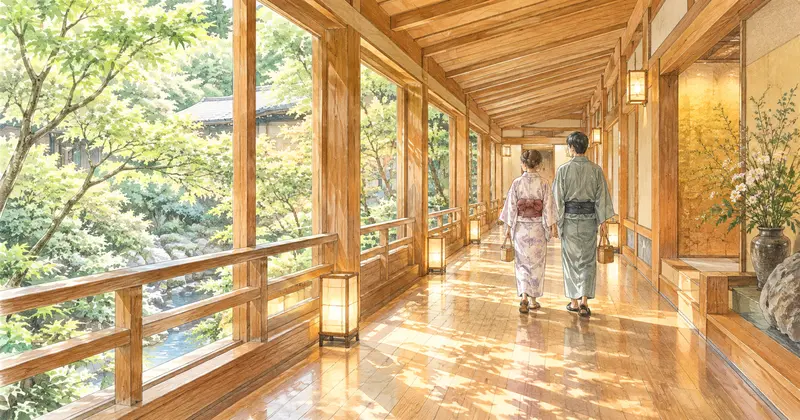 浴衣姿の夫婦が木漏れ日の差す旅館の回廊を歩くイメージイラスト