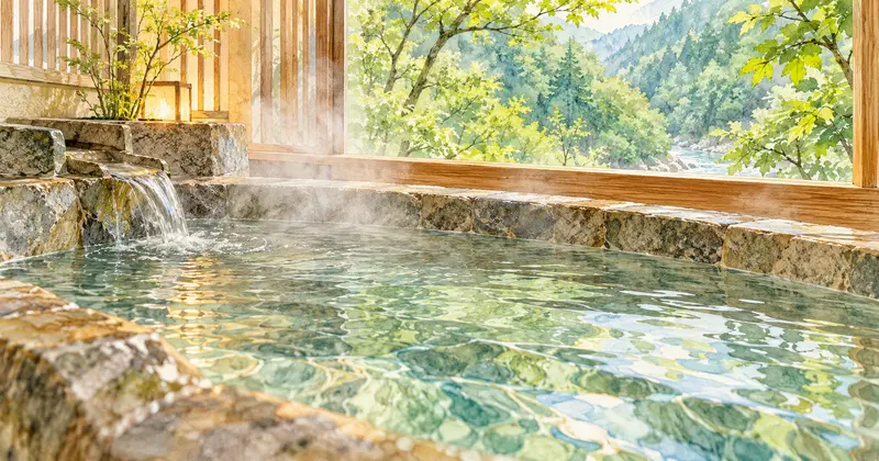 緑を望む石造りの湯船に湯けむりが立つ客室風呂のイメージイラスト