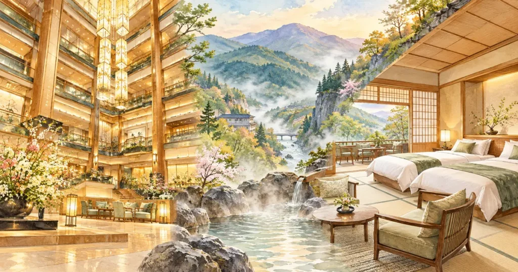 華やかな吹き抜けと落ち着いた和洋室を対比した温泉宿選びのイメージイラスト