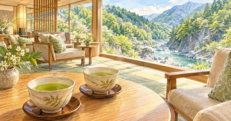渓流を望むラウンジの窓辺に二つのお茶を並べたイメージイラスト