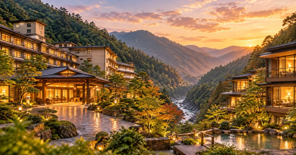 丸峰観光ホテルの本館と別館川音の比較をまとめる、夕暮れの渓谷と温泉旅館のイメージ