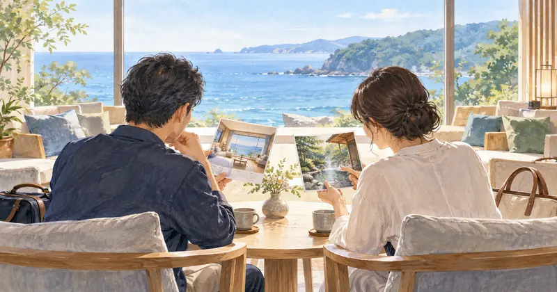 海を望むラウンジで宿のパンフレットを見比べる夫婦のイラスト