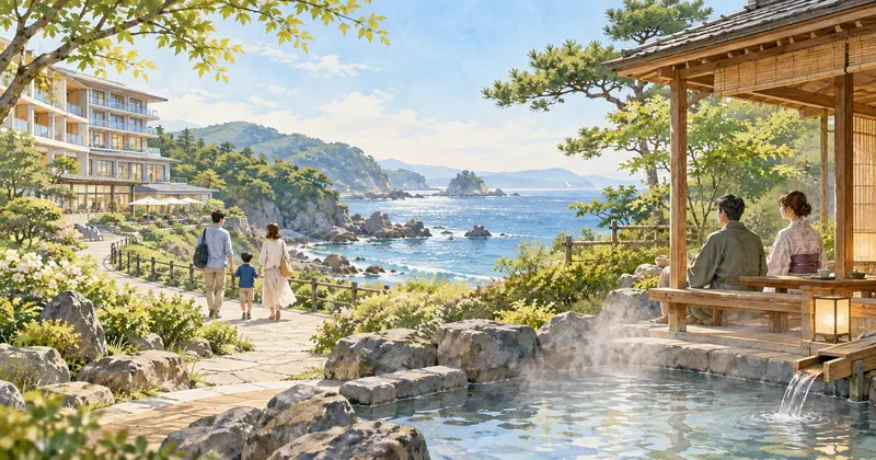 海沿いを歩く子連れ家族と庭園でくつろぐ夫婦の旅のイメージ