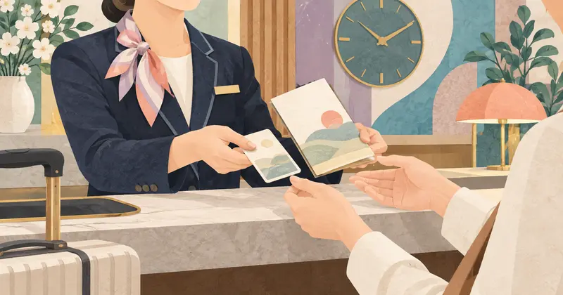 ホテルのフロントでルームキーと施設案内を受け取る宿泊者のイラスト