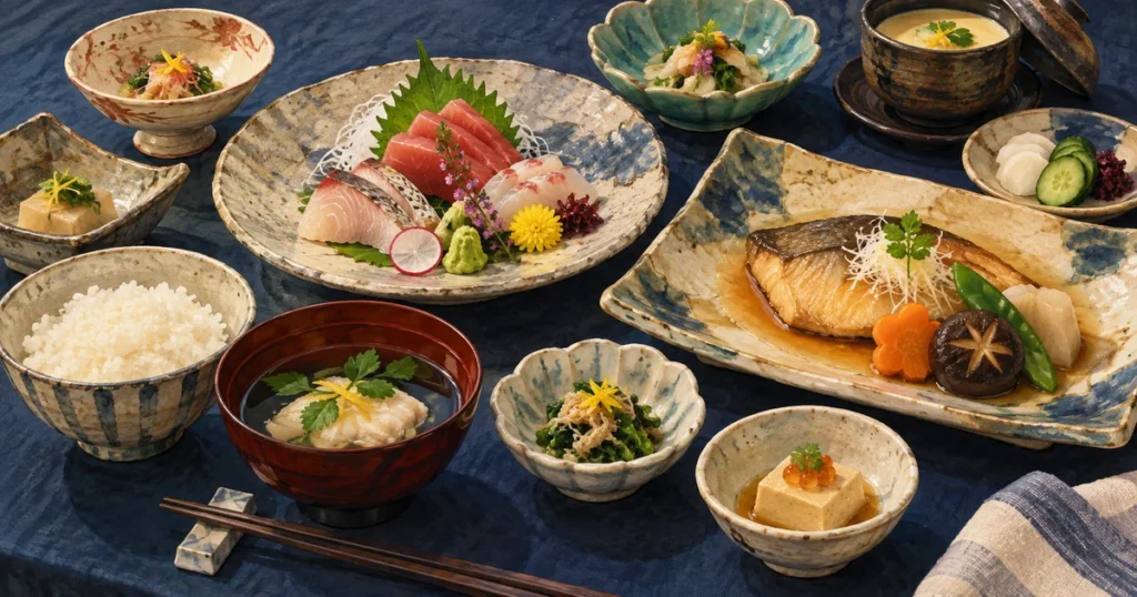 刺身や魚料理、小鉢を並べた和食の夕食イメージ