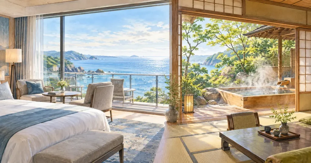 海を望むホテル客室と庭園の露天風呂を描いた、赤沢温泉ホテルと赤沢迎賓館の比較イメージ