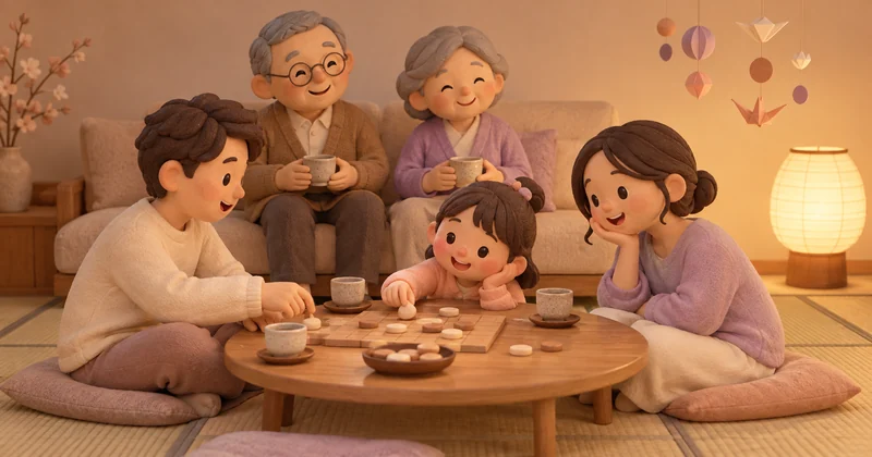 畳とソファのある部屋でくつろぐ三世代家族のイメージ
