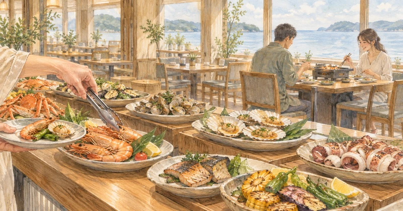 海鮮ビュッフェと卓上で焼く浜焼きの食べ方を描いたイラスト