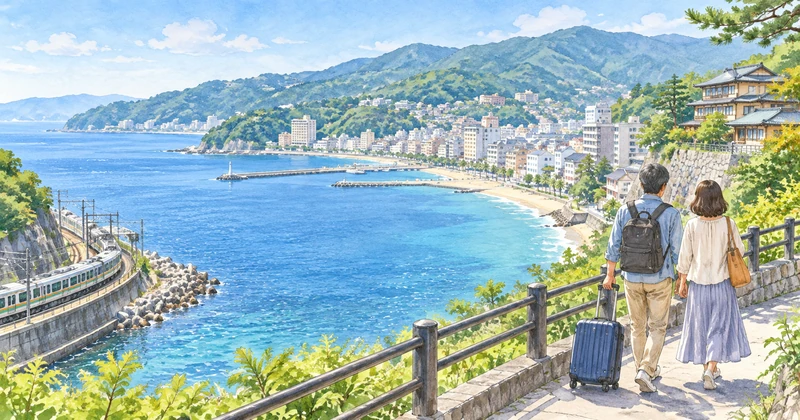 海沿いの列車と宿を眺めながら、日帰り・宿泊の旅を考える夫婦のイラスト