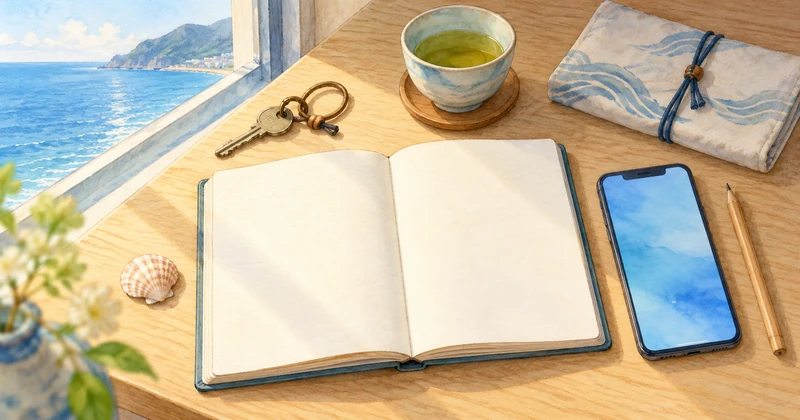 浜焼き旅行の予約前確認をイメージした、旅ノートとスマートフォンのイラスト