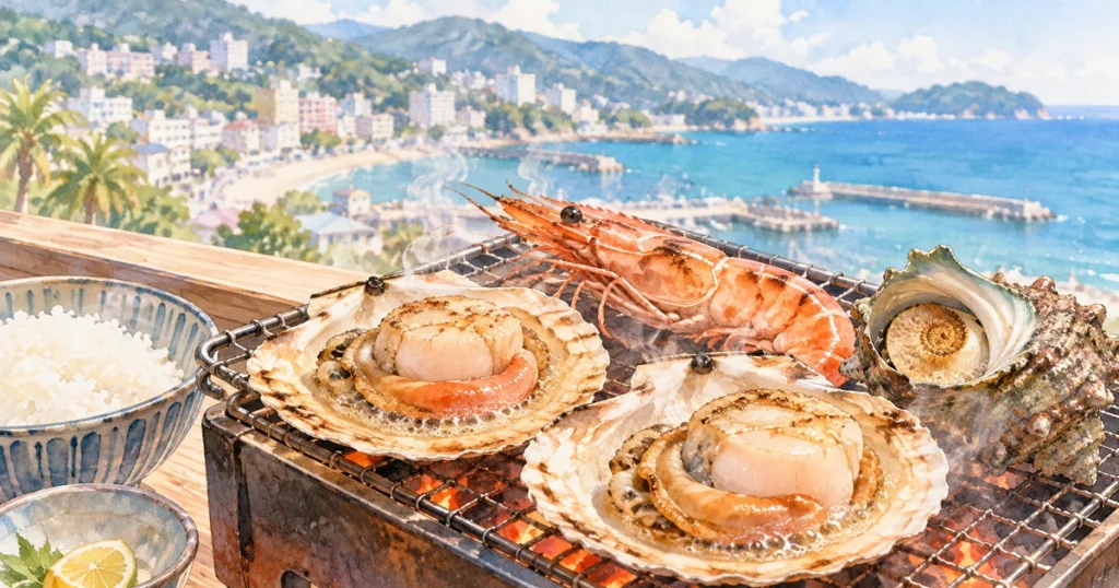 熱海の浜焼き食べ放題をイメージした、海辺でホタテ・サザエ・海老を焼くイラスト
