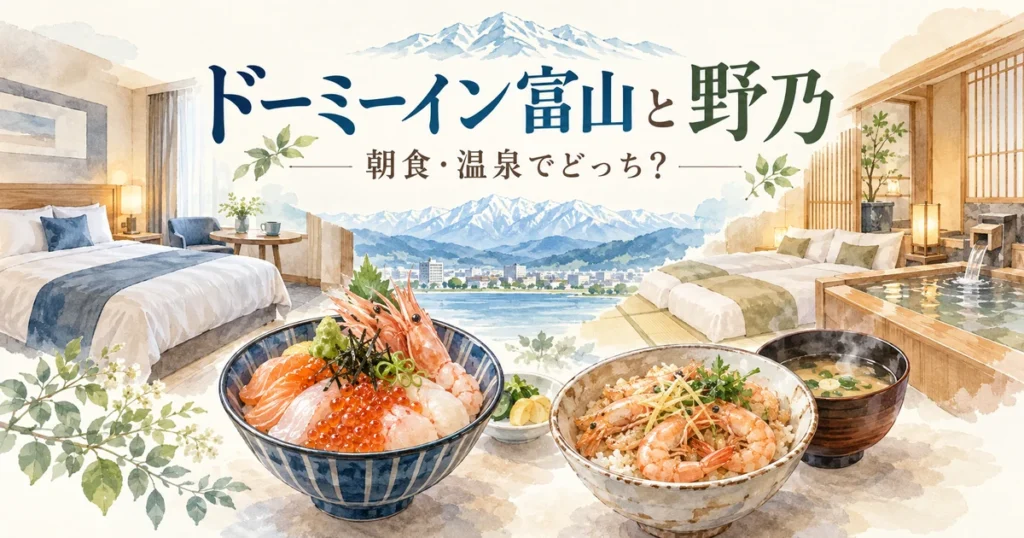 ドーミーイン富山と野乃の違いを洋室と畳の客室、温泉と朝食で表した比較イラスト