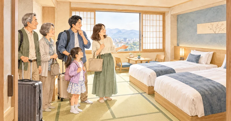ドーミーイン富山と野乃の部屋選びをイメージした三世代家族と畳のツイン客室